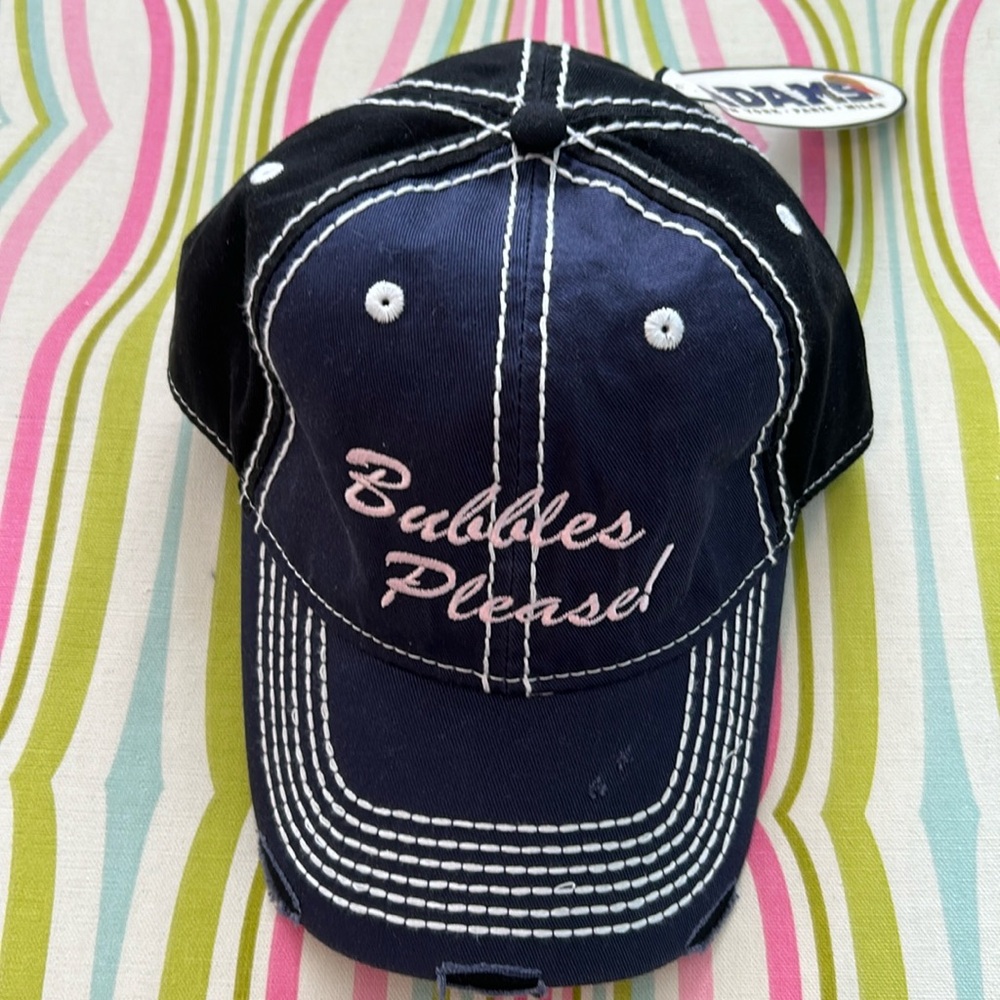 NWT Distressed Adam’s  Baseball Cap “Bubbles Please “ on cap in pink,